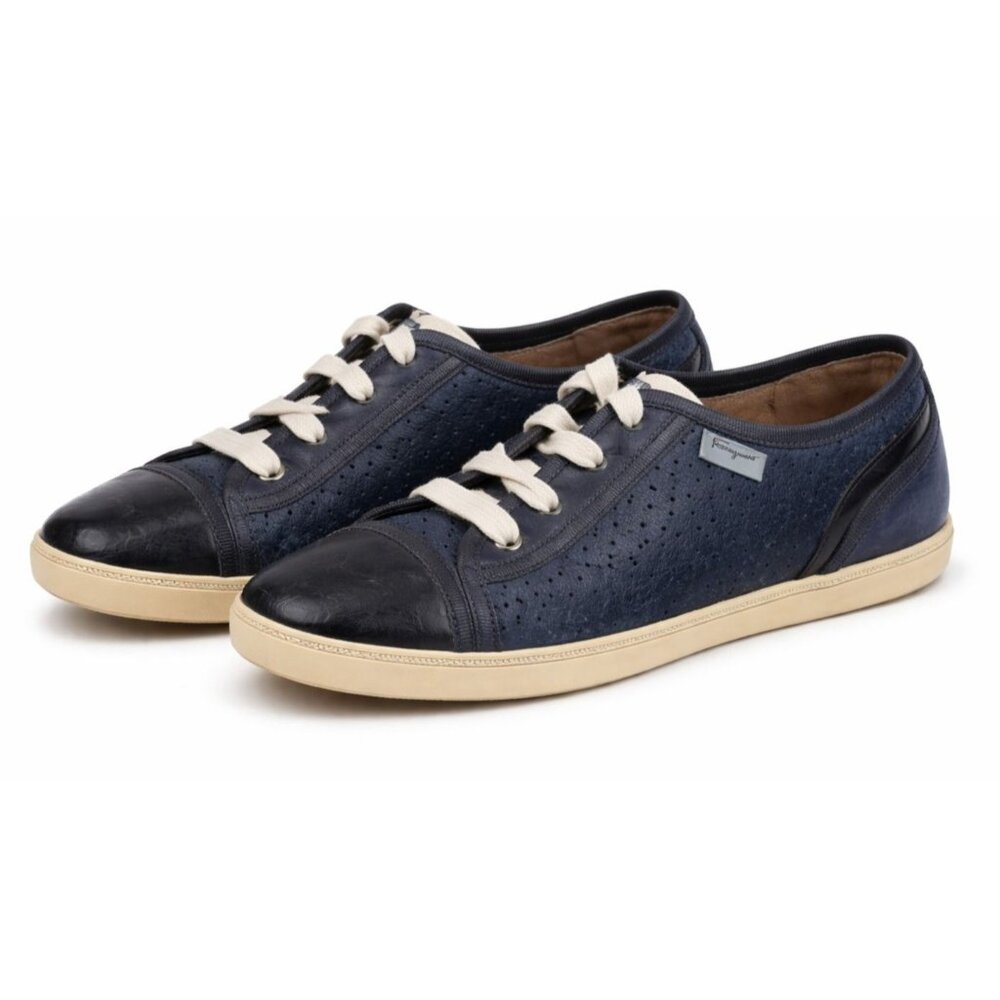 Salvatore Ferragamo Women’s Sneakers Navy Leather Gum Sole Dust Bag Italy 7.5 - Picture 2 of 16